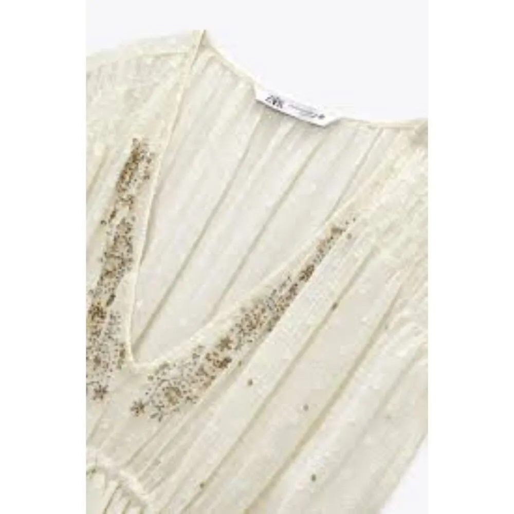 Zara Beaded Mini Beach Cover Up Swimsuit Dress Cream White Sheer - Image 13