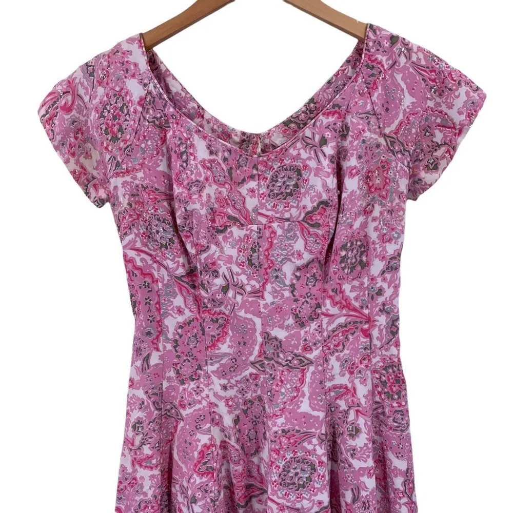 Vintage 50's SEMONT New York Pink Floral Cotton Sequin Dress Size Small - Image 2