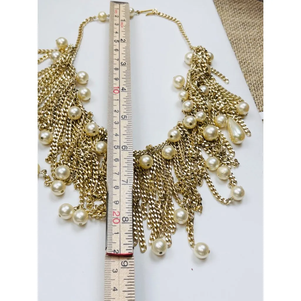 Gold Chain Fringe Necklace With Dangling Faux Pearls Adjustable Hook Closure Sta - Image 7
