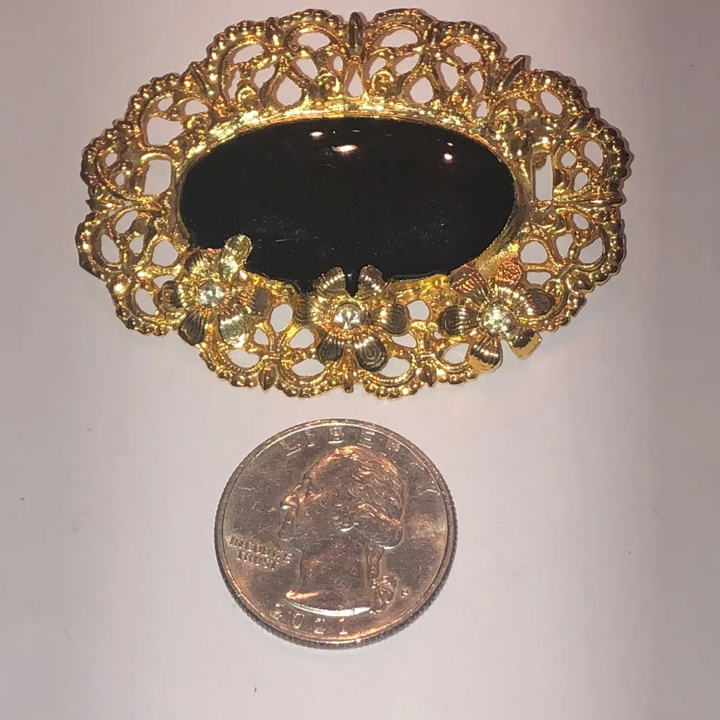 Angel Brand Vintage Gold Tone and Black Enamel Floral Rhinestone Brooch - Image 3