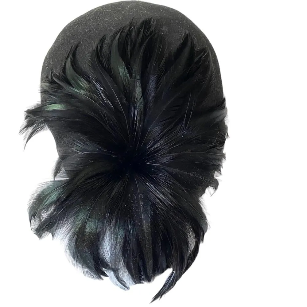 Vintage Bellini Originals Black Doeskin Felt Wool Feather Hat Topstitching USA - Image 2