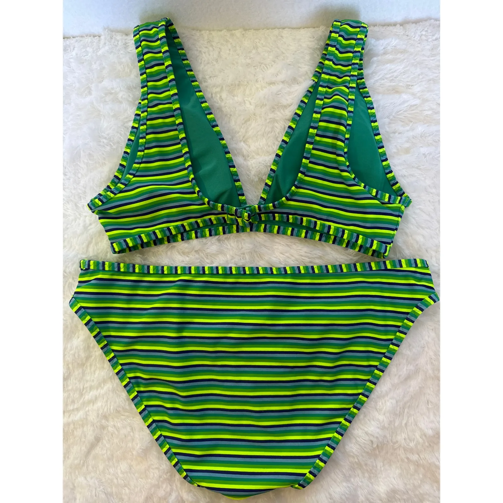 Aerie green blue navy and neon bikini scoop top and bottoms medium - Image 4