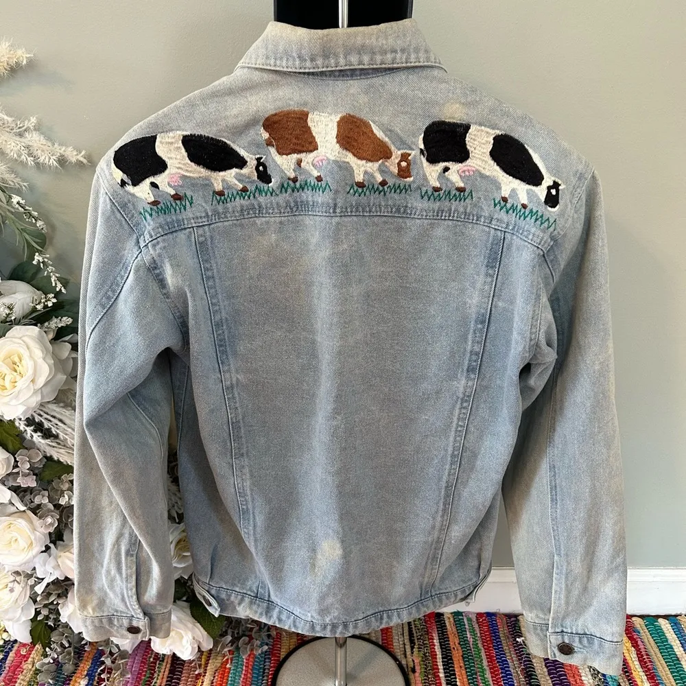80s 90s Cow Embroidered Denim Jacket Blue Jean Medium Vintage Farmhouse - Image 5