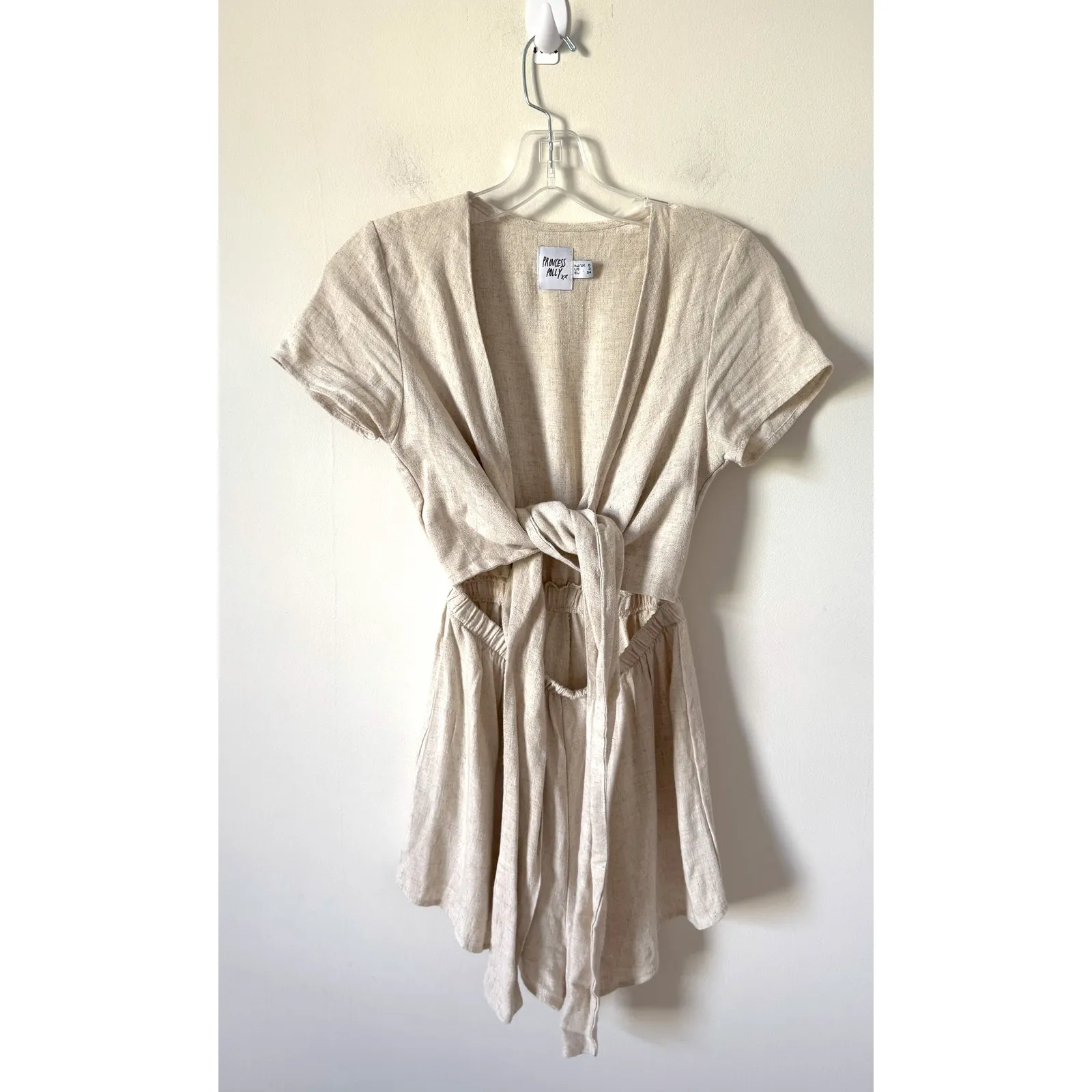 Prince Polly Front Tie Low Cut Linen Romper Tan Size Small - Image 2