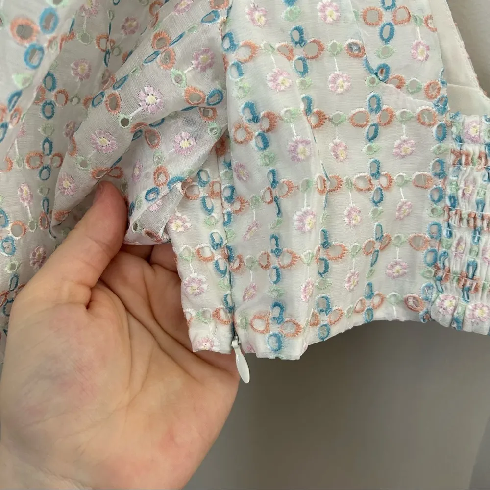 For Love & Lemons Crop Top Denise White Multicolor Eyelet Embroidery Puff Sleeve - Image 8