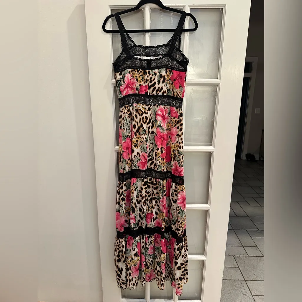 Vintage Boston Proper Y2K Floral Hibiscus Leopard Print Lace Maxi Dress Size 6 - Image 5