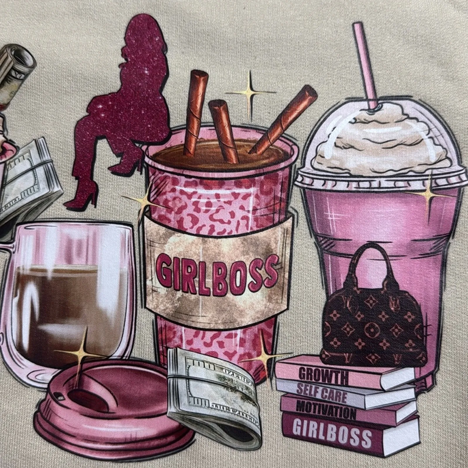 GILDAN Cream Graphic Women's Sweater. GIRL BOSS money coffee purses pink growth - Image 5