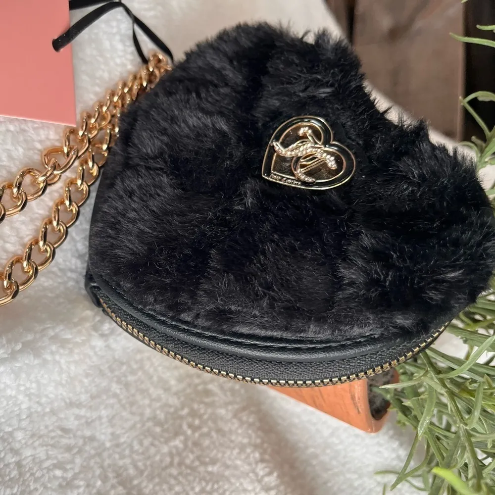 Juicy Couture Let’s Get Cozy Faux Fur Heart Wristlet Black Liquorice NWT - Image 2