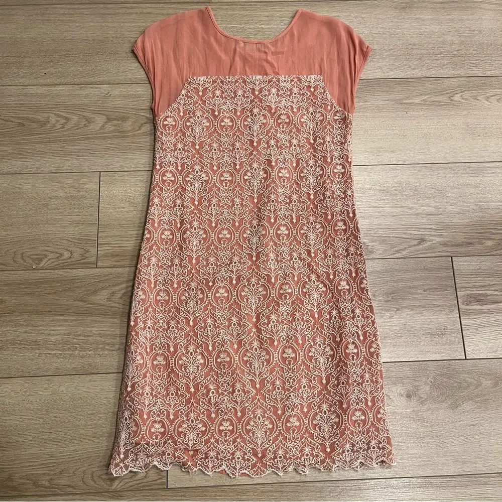 Sundance Rose Palace Cupro Lace Peach Cap Sleeve Shift Dress Size S - Image 7