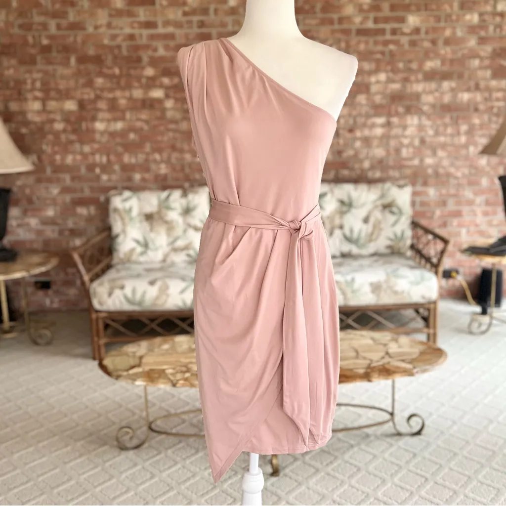 NWT PrettyGarden Dress One Shoulder Mini Body-con Asymmetrical Hem Nude Pink L - Image 4