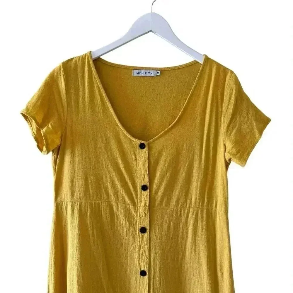 Misslook Midi Dress Mustard Button Up V - Image 3