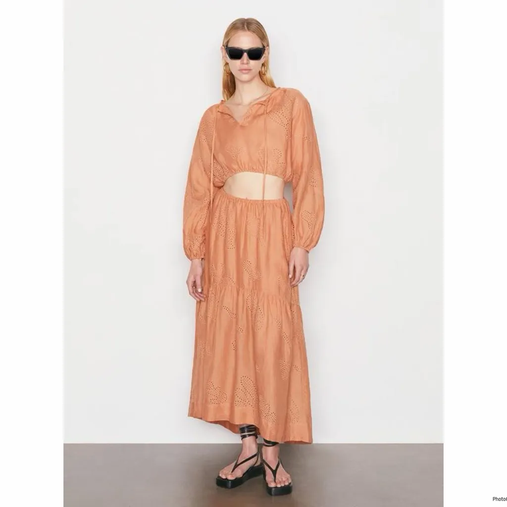 Frame Women's Orange Eyelet Round Neck Tie Cropped Blouse Top Size M - Image 4