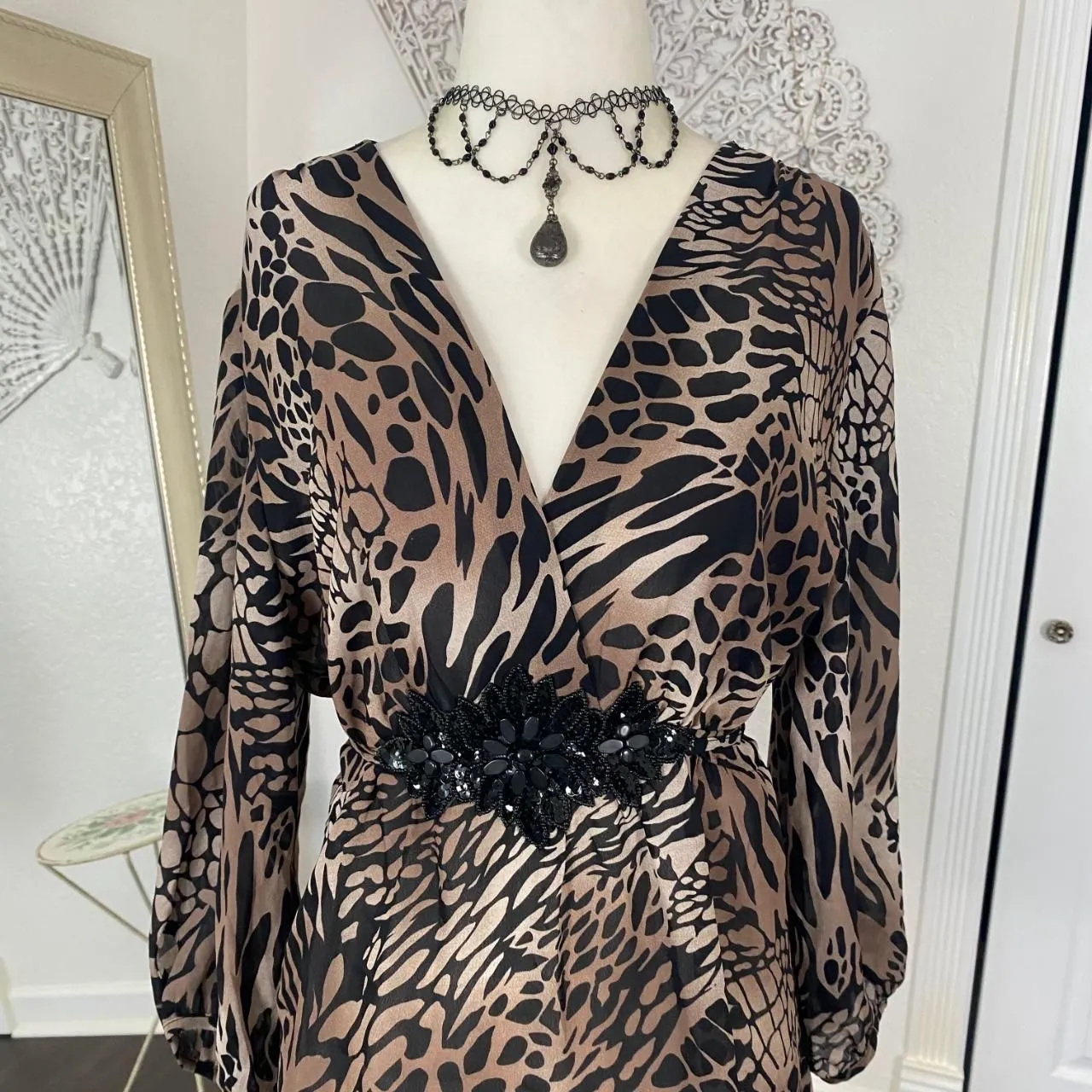 Early 2000's Euro Animal Print Cheetah Black Sequin Babydoll Blouse Top L Size L - Image 2