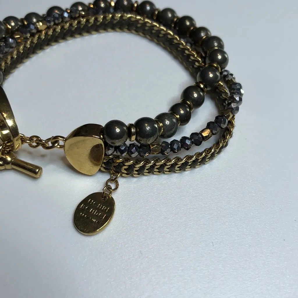 Henri Bendel St Tropez Multi Strand Mixed Metal Chain Beaded Bracelet gold tone - Image 2