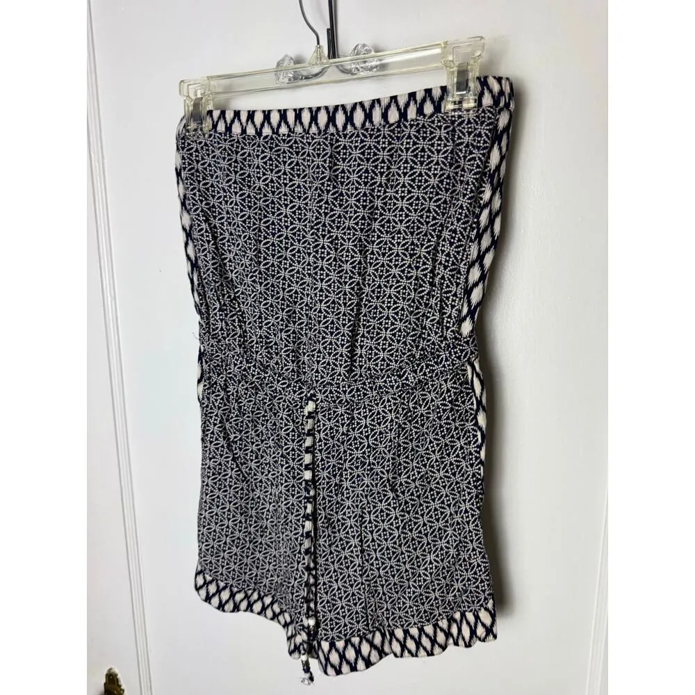 Angie Strapless Romper Women's Medium Blue White Boho Chic Pull On Strechy Knit - Image 2