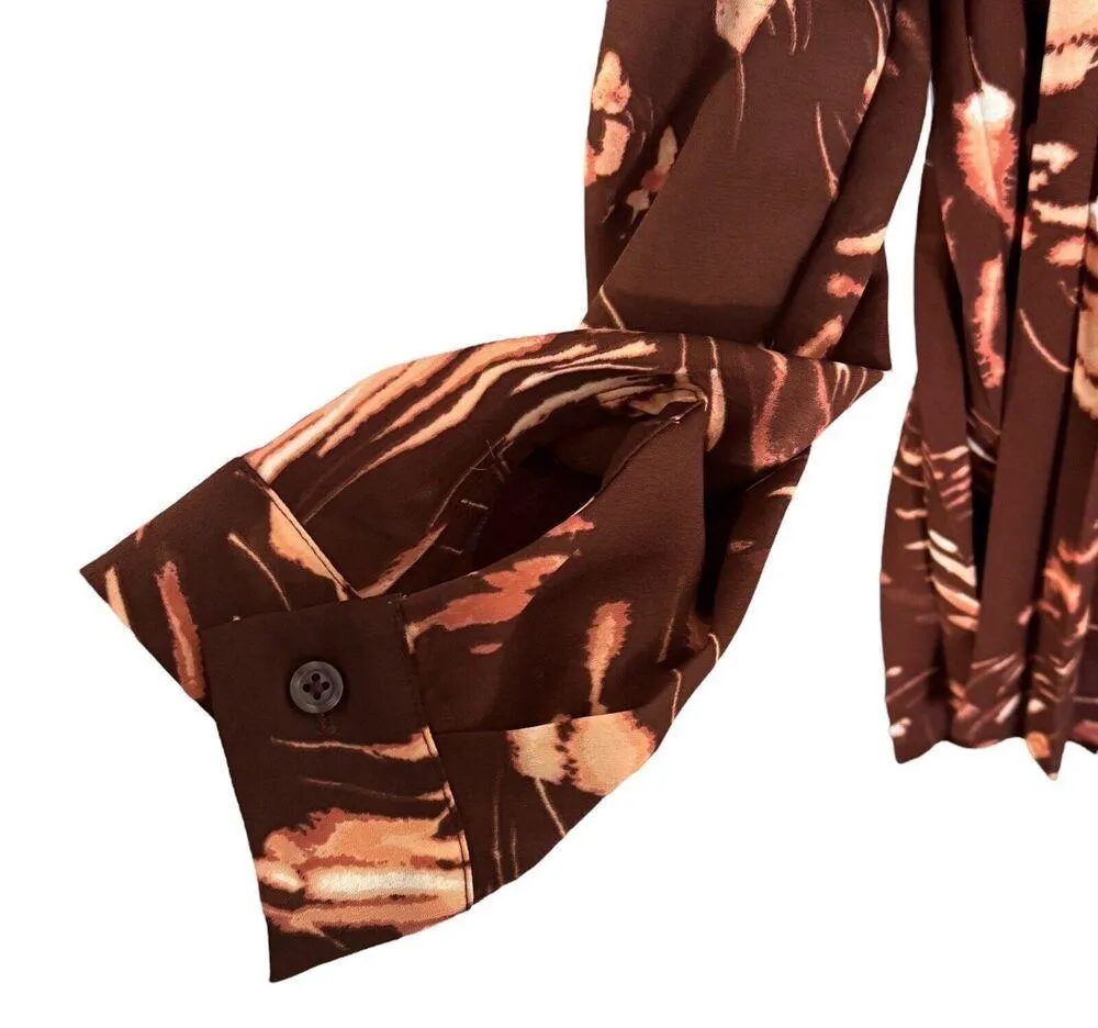 Alfani Medium Pleated Top Round Neck Long Sleeves Swirl Abstract Print Brown New - Image 3