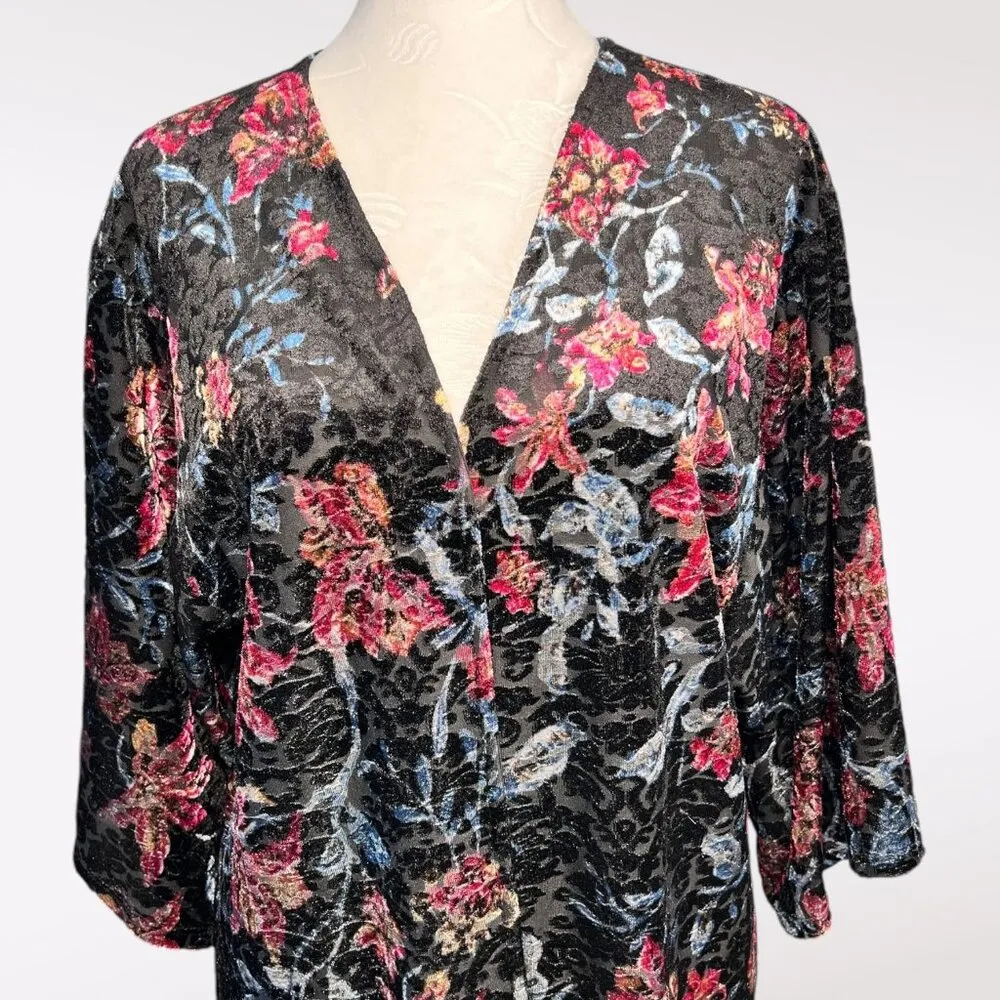 Monteau Black Pink Blue Crushed Velvet Floral Burnout Kimono Jacket Small - Image 2