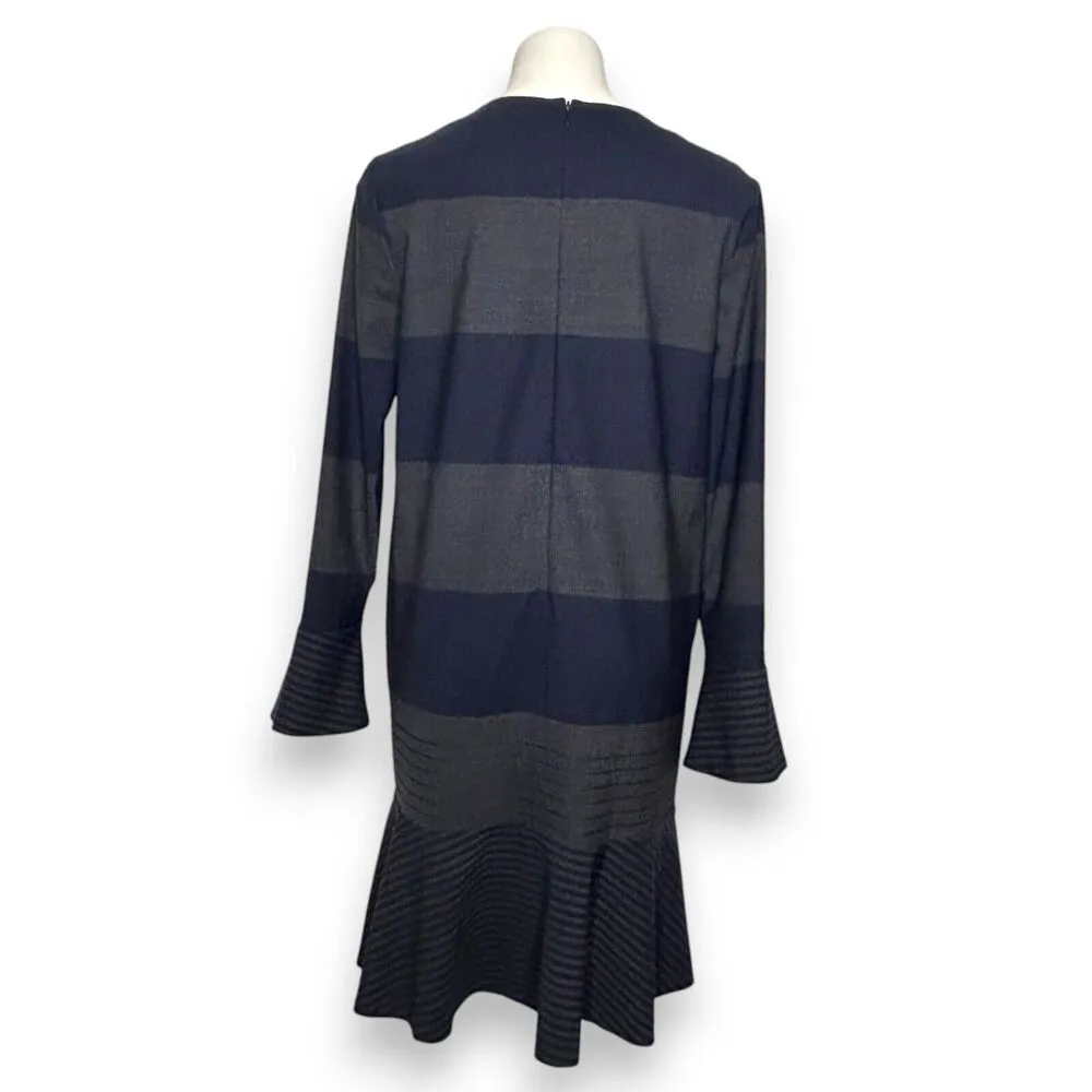 PIAZZA SEMPIONE Blue Gray Stripe Wool Dress Knee Length Long Sleeve EUR42 Medium - Image 3