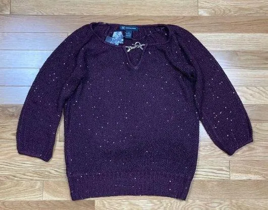 New INC International Concepts Open Knit Sequin Sweater Womens Size XS Burgundy - Image 1