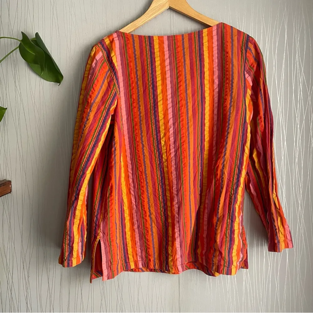 Liz Claiborne Women's Orange and Red Striped Leather Lace Up Blouse Size 14 - Image 7