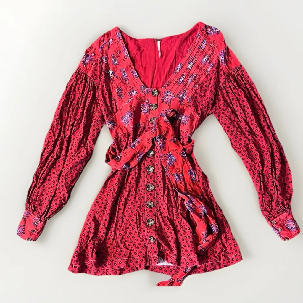 Free People Wonderland Printed‎ Mini Dress S $128 Long Sleeve Belted Button Down - Image 4