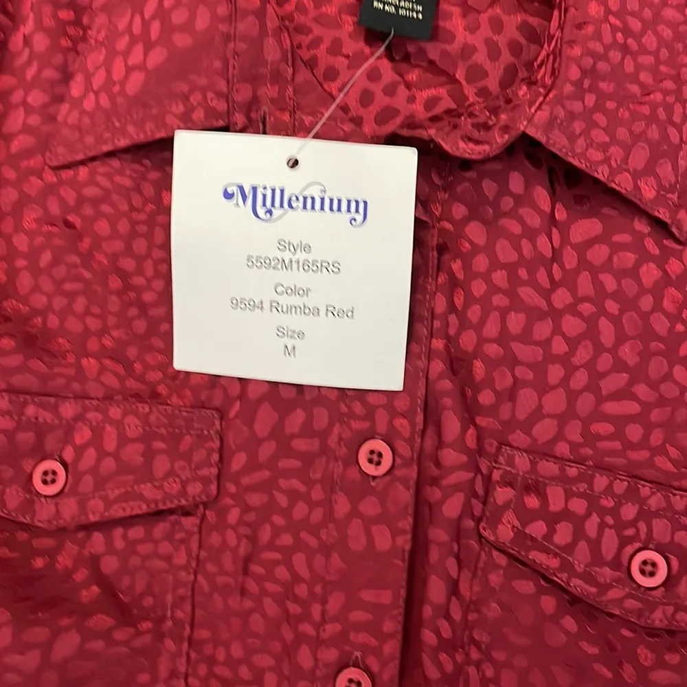 NWT Millennium Red Silky Short Sleeve Elastic Tie Waist Midi Dress Size Medium - Image 11