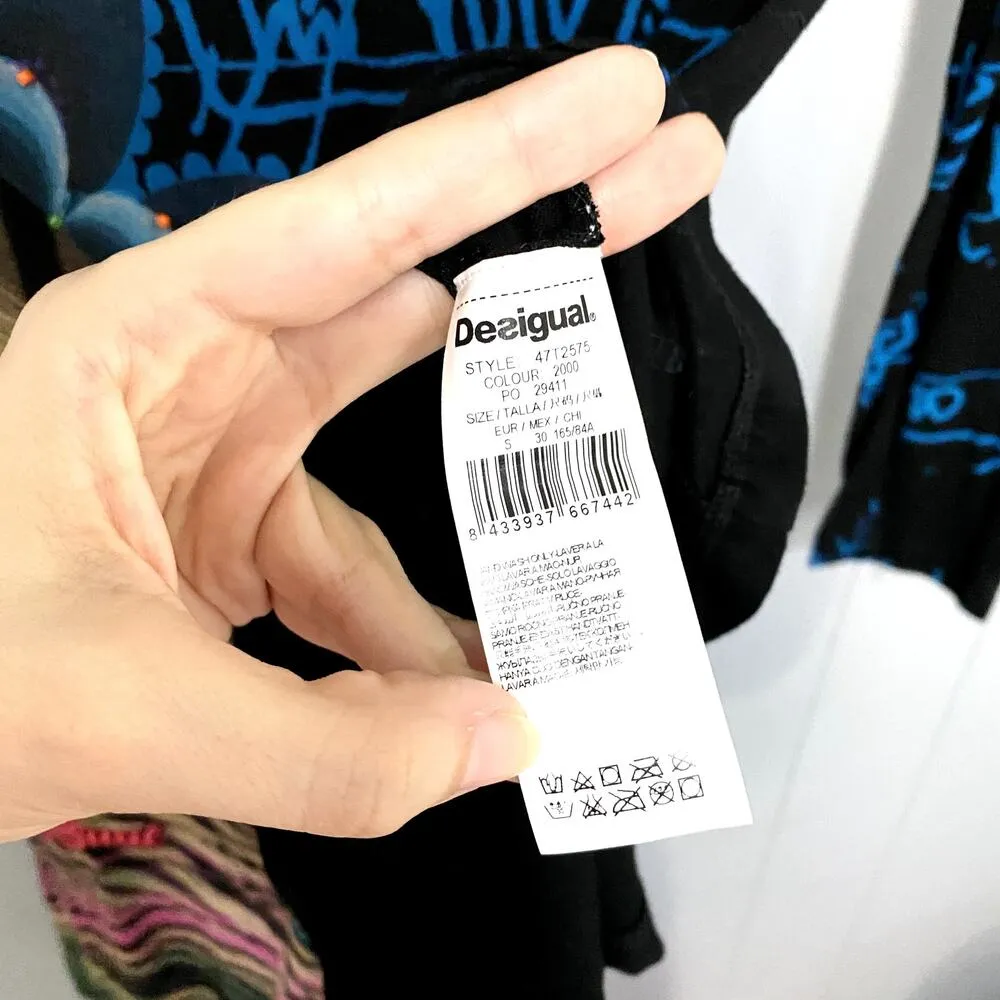 NEW Desigual Black Abstract Print Beaded Waist Tie Long Sleeve Tunic S - Image 3