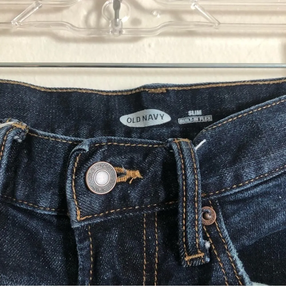 Old Navy Slim Flex Dark Blue Denim Distressed Cut Off Bermuda Jean Shorts - Image 2