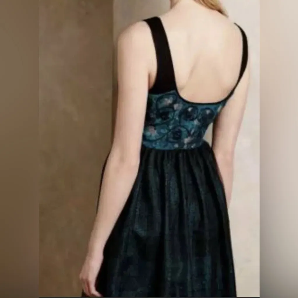 NWT-Anthropologie Niki Mahajan Black Teal Embroidered Tamula Dress SZ 6 - Image 3