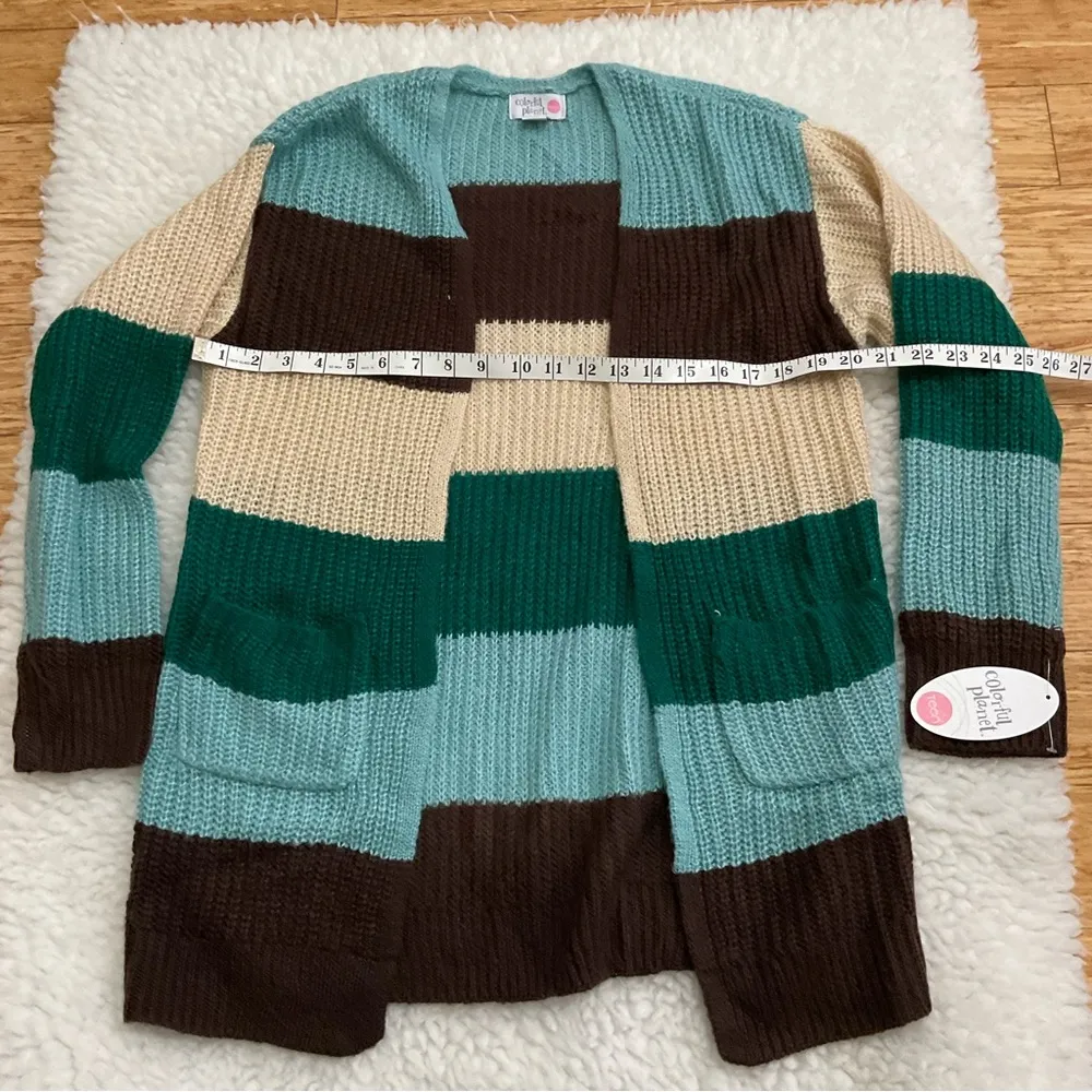 Colorful Planet Teen Striped Duster XL 16 Brown Mint Green Beige Long Sleeve - Image 5