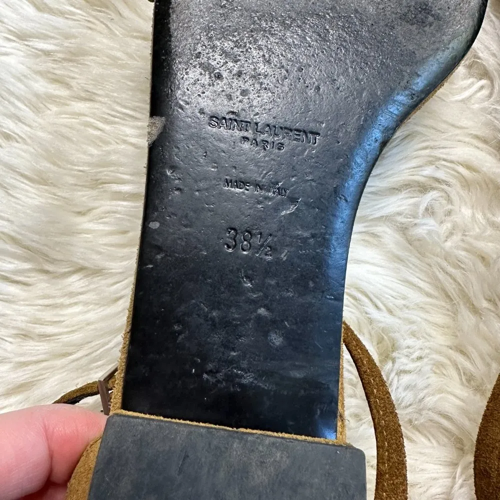 Saint Laurent Tan Studded Suede Ankle-Strap Flat Sandal Women's 38.5 - Image 8