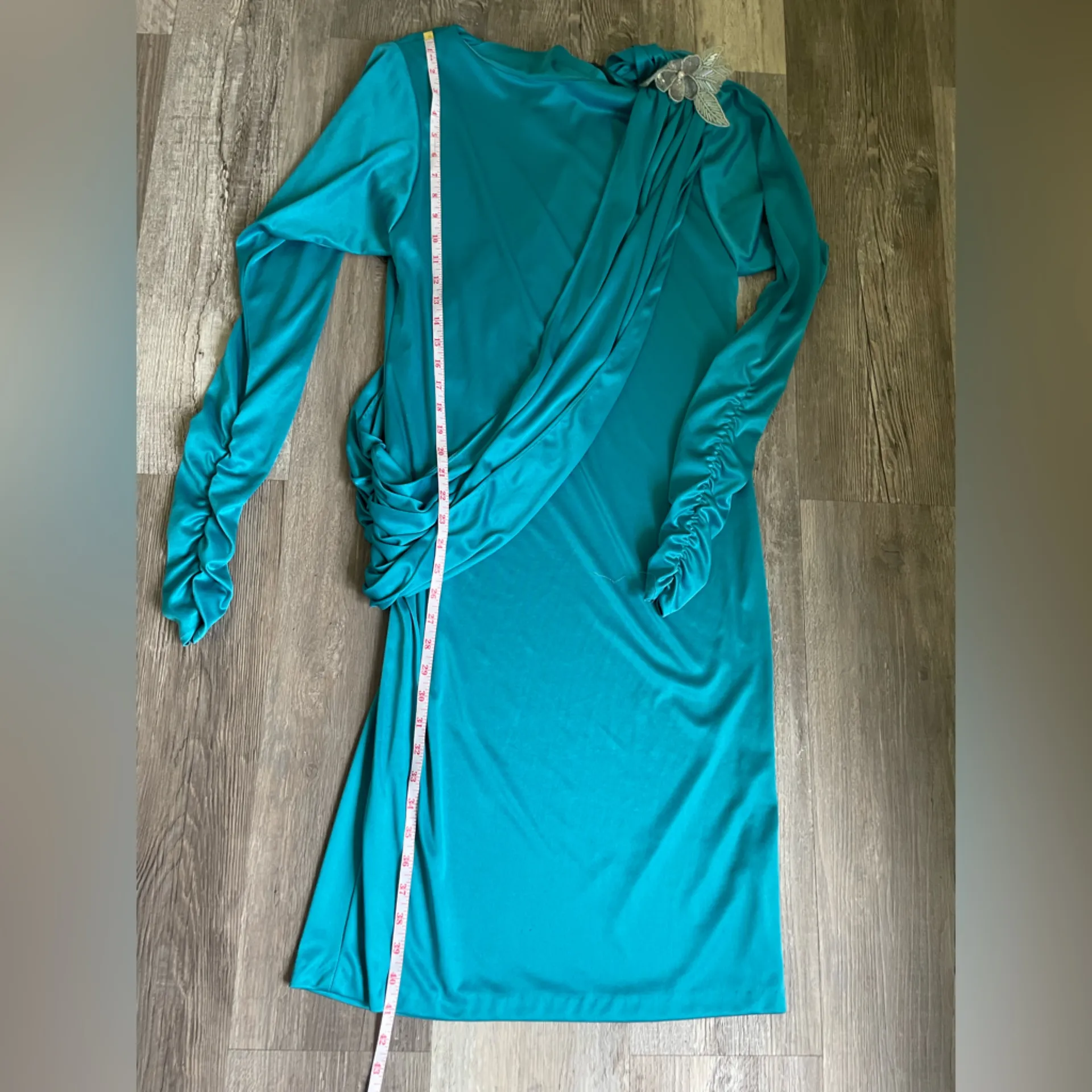 Chic Teal Draped Long Sleeve Dress Blue Size undefined - Image 5