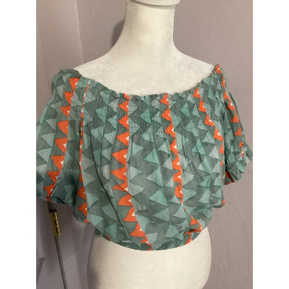 Anthropologie Feather Bone Demetria Smocked Cropped Top Blue Orange Stripe S - Image 3
