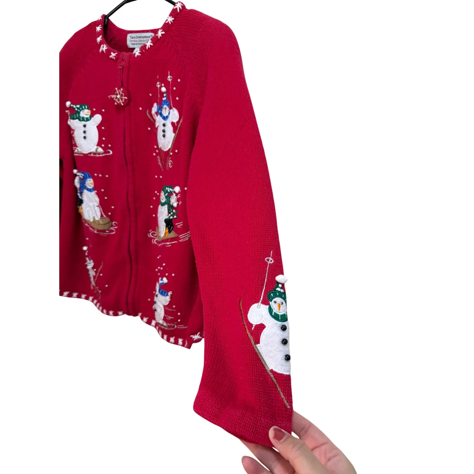 Tiara International Christmas Collection 2004 Red Snowman Sweater Cardigan M - Image 3