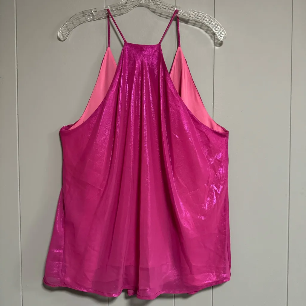 ADRIENNE Fuchsia Two Tone V neckline Racerback Shimmery Loose Fit Blouse Size L - Image 2