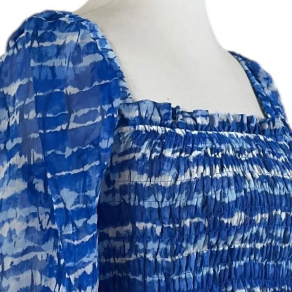 Zara New Top Square Neck Crop Smocked Chiffon Flare Sleeve Blue Women’s Size XS - Image 9