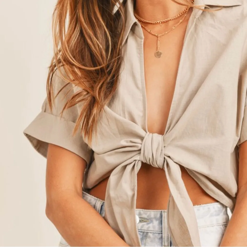 Mable The Label Tie Front Cropped Short Sleeve Collared Top Large Linen Blend Tan - Image 2