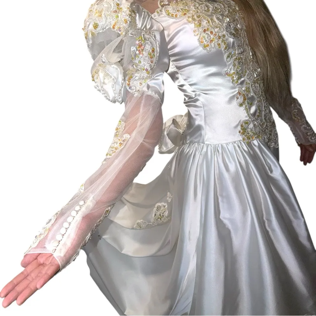 Vtg 80s Beaded Alfred Angelo Satin Lace White Long Slv Wedding Dress 12ft Train - Image 7