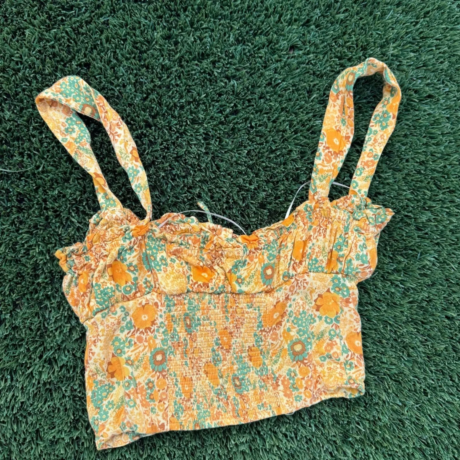 Urban Outfitters Yellow Green Floral Smocked Cropped Tank Top Size S - Image 3