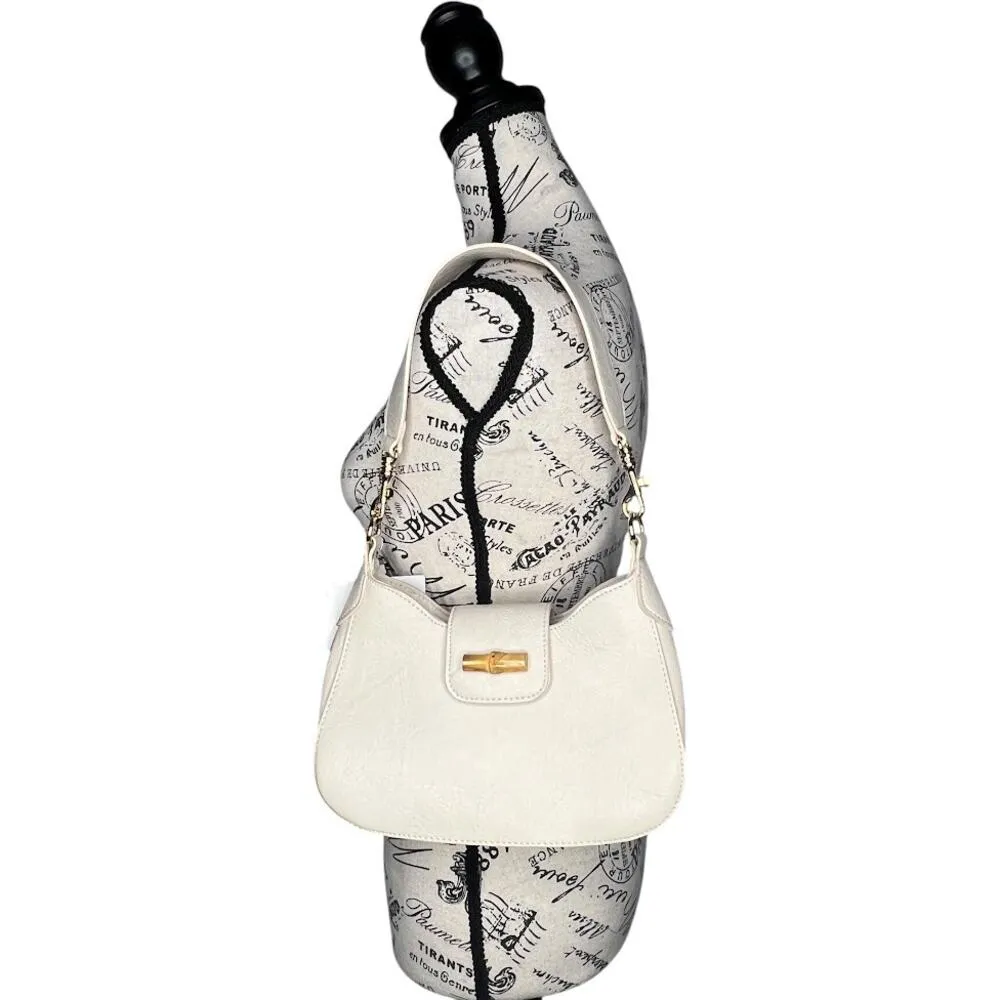 Pretty Simple Cream Vegan Leather Bamboo Shoulder Bag Brown - Image 2