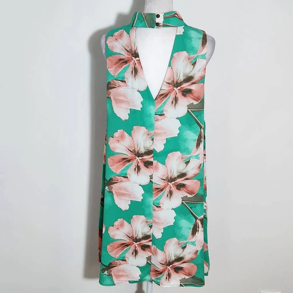 Peach Love California Green Floral Mini Dress Size Large Wedding Guest Dress - Image 5