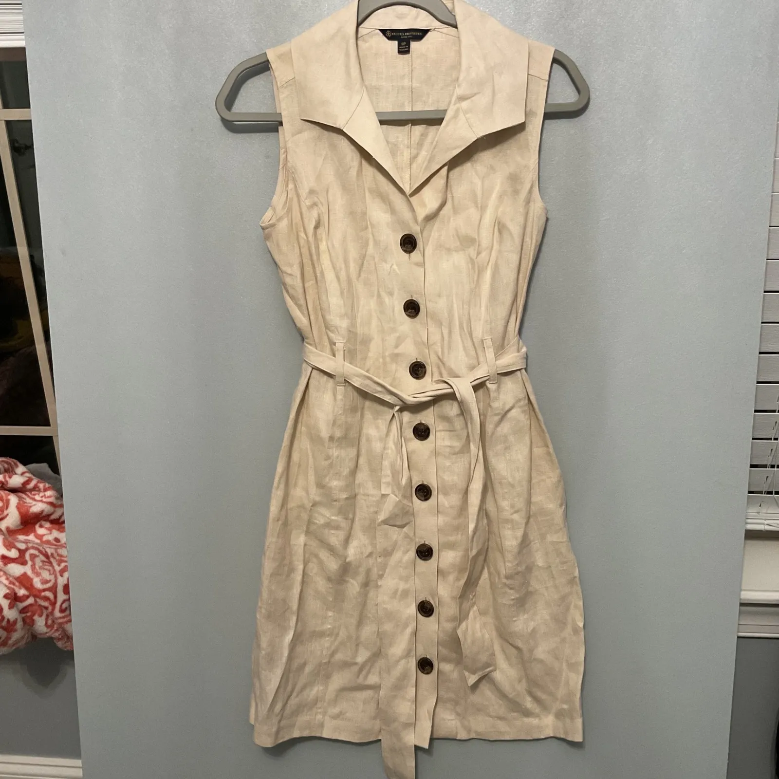 Brooks Brothers Petite Fit Sleeveless Collared Button Linen Blend Dress Tan 6P - Image 4