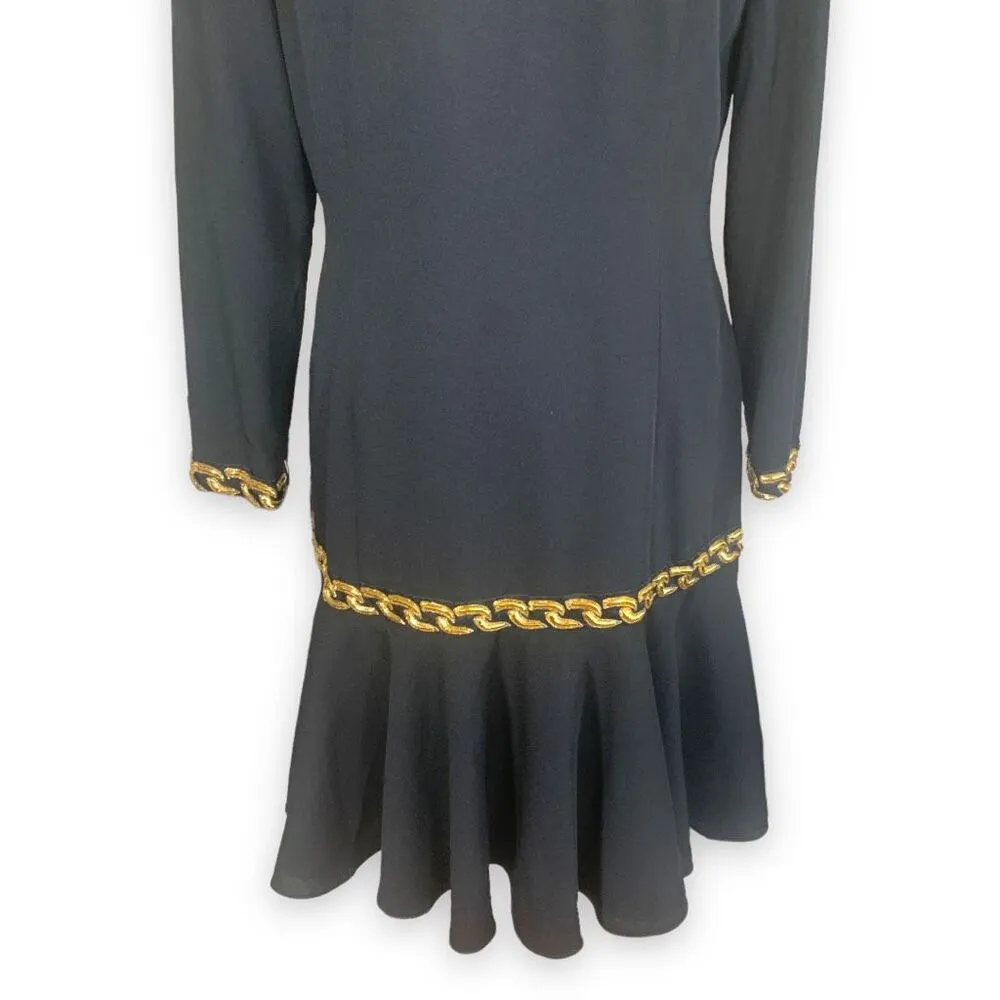 Vintage 80s Black Drop Waist Dress Gold Chain Trim Long Sleeve Crewneck Medium - Image 4