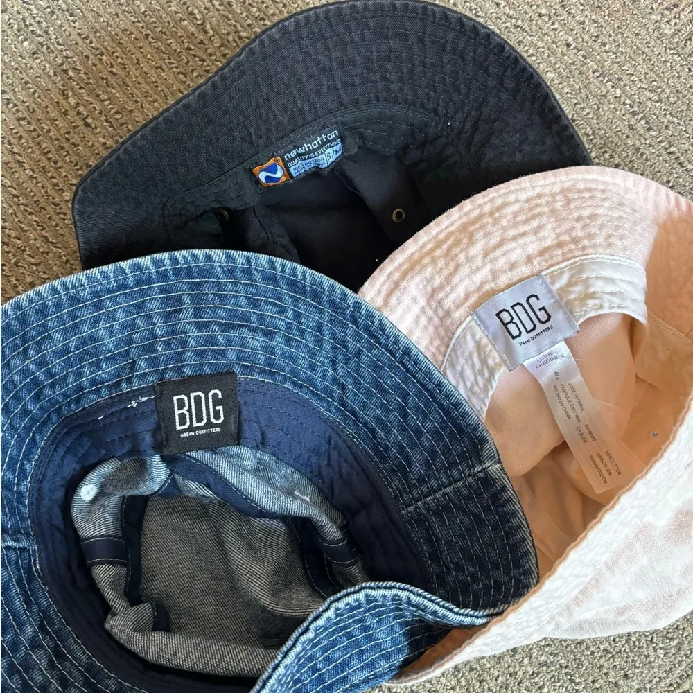bundle of three bucket hats. pink, blue (denim/jean), and black. - Image 2