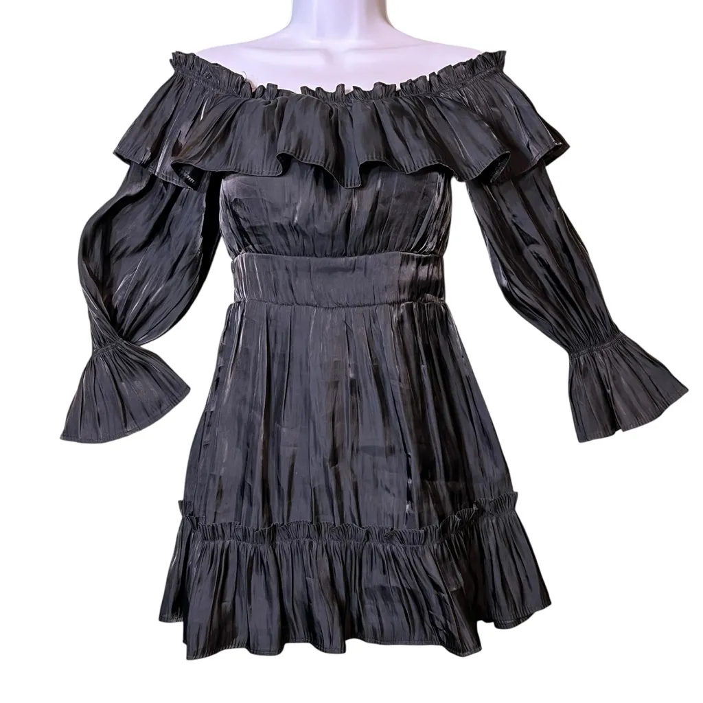 Vietnamese Mini Dress Off Shoulder Tiered Ruffle Long Sleeve Señorita Black Size XS - Image 2