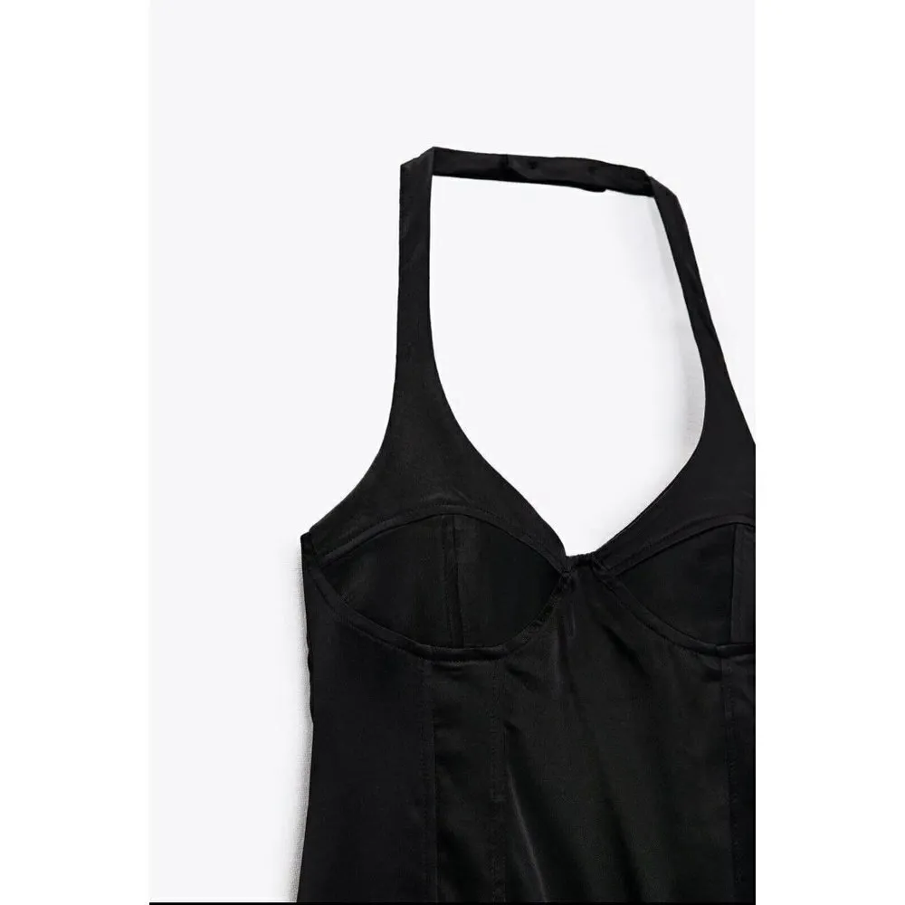 Zara Satin Bustier Mini Dress LARGE Black Lingerie Style open back Seamed NEW - Image 10