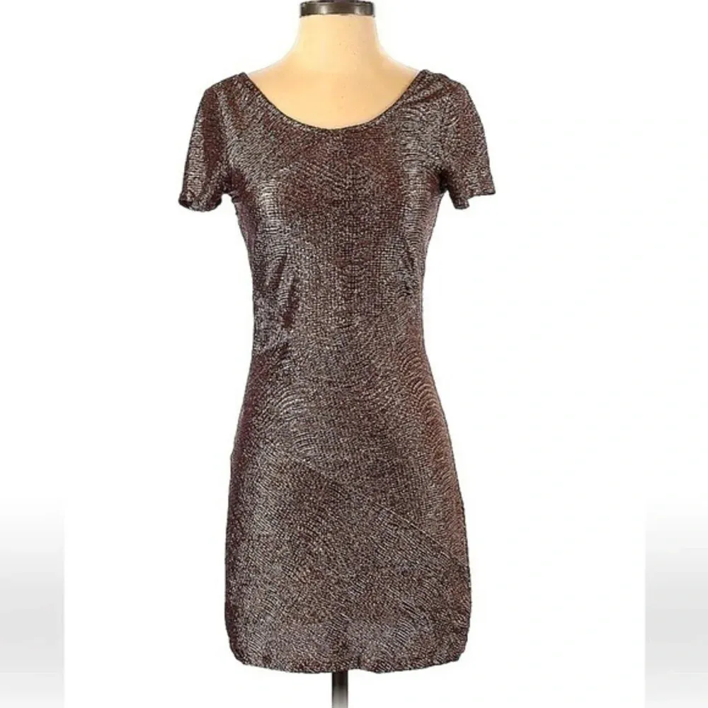 Free People Moonage Daydream Golden Brown Shimmer Metallic Bodycon Dress Size XS - Image 3