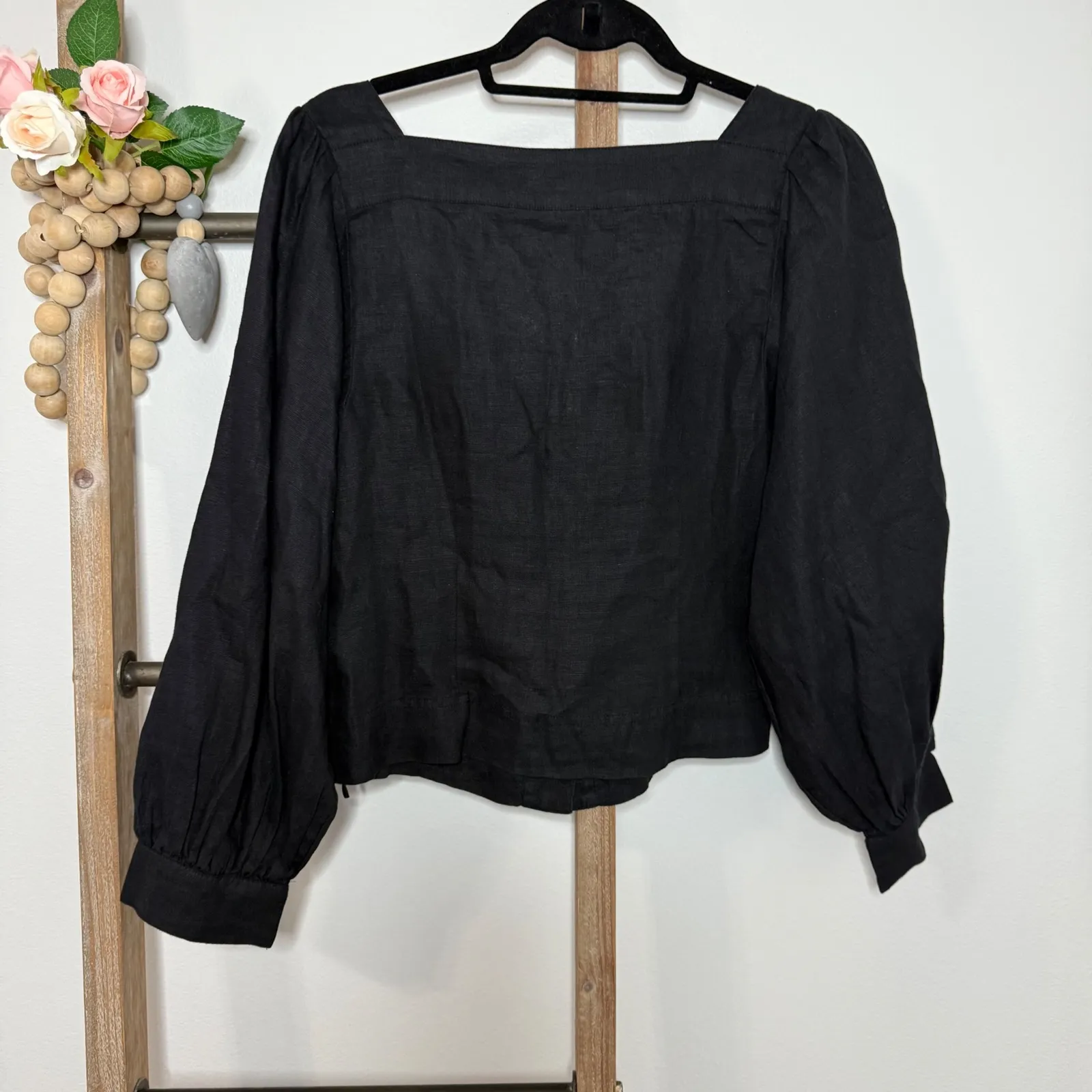 J. Crew Black Linen Square Neck Puff Sleeve Cropped Blouse Shirt Size Small - Image 4