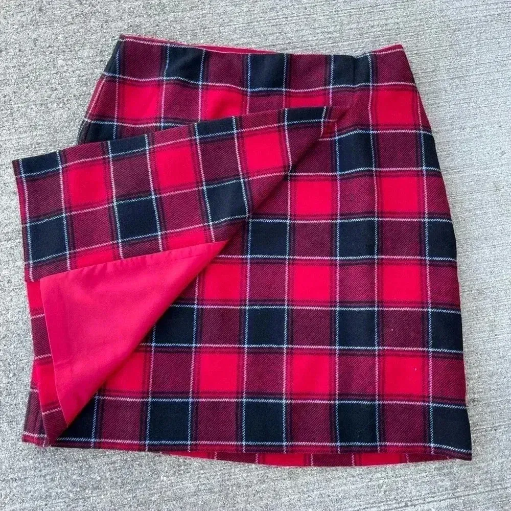 Talbots size 6 wool lined red plaid faux wrap skirt tartan holiday winter - Image 2