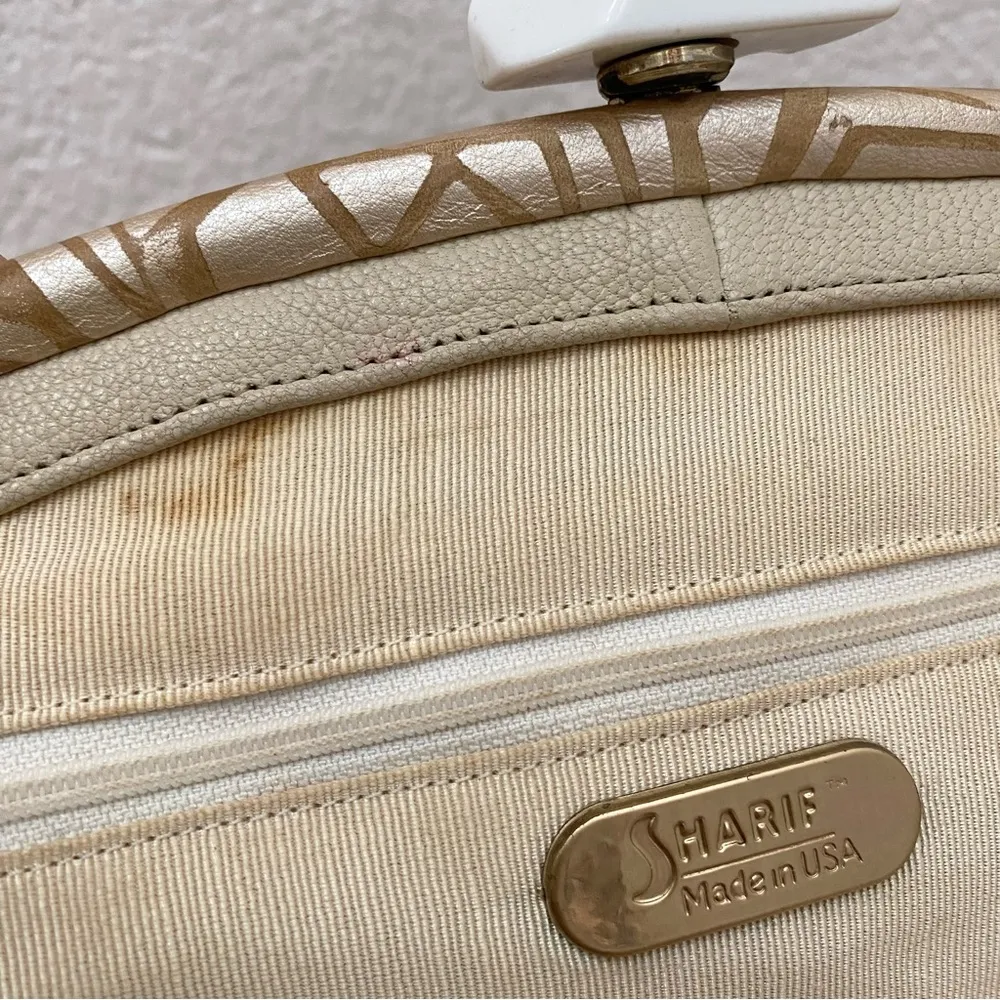 Vintage SHARIF Beige/Gold Leather Patchwork Lucite Top Lock Clutch Shoulder Bag - Image 15